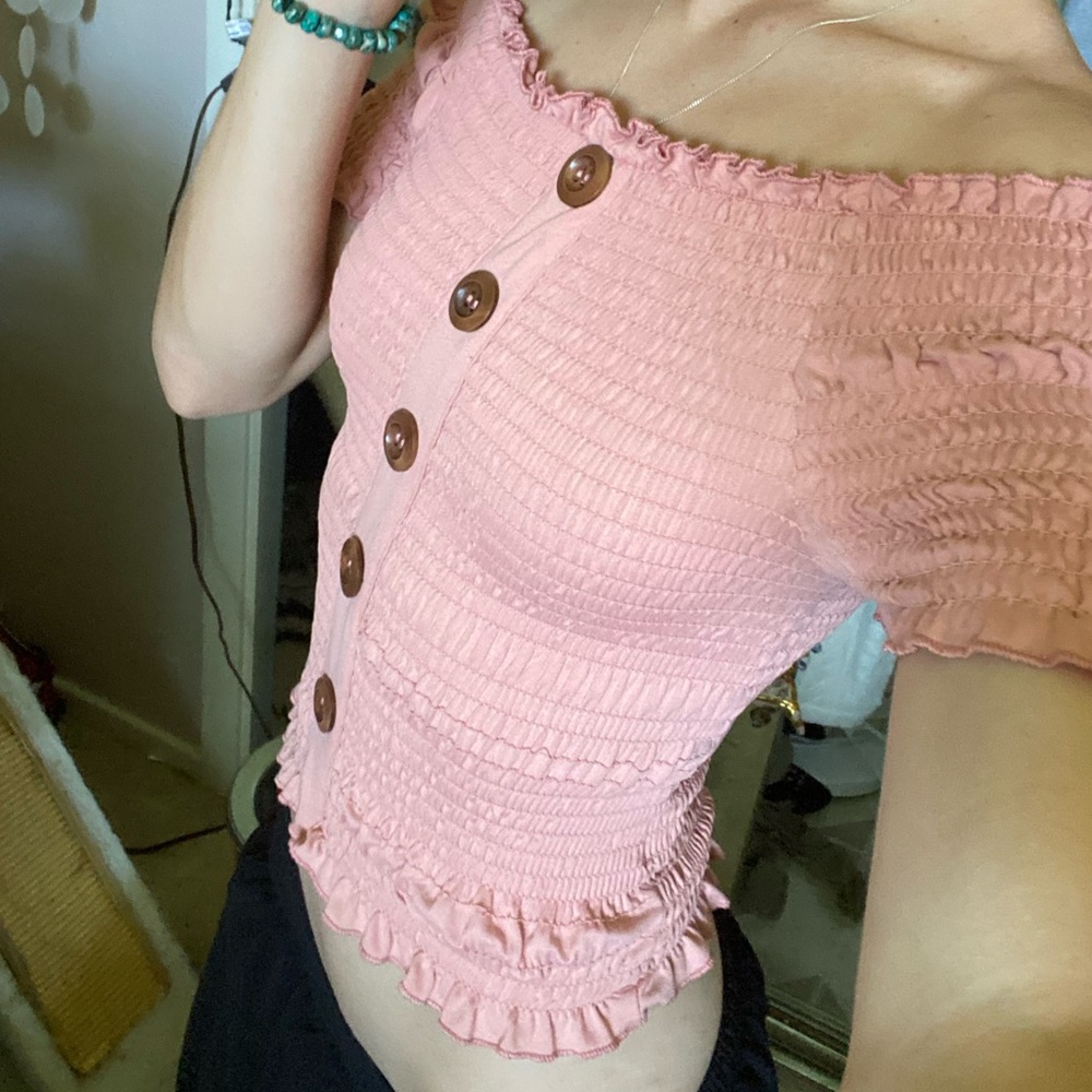 Cute off shoulder pink top with brown buttons, size Medium in U.S